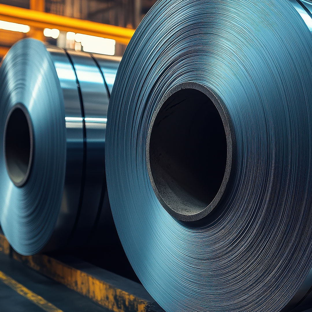 A view of metallic coils stacked in an industrial warehouse, sho coil di acciaio settore metal